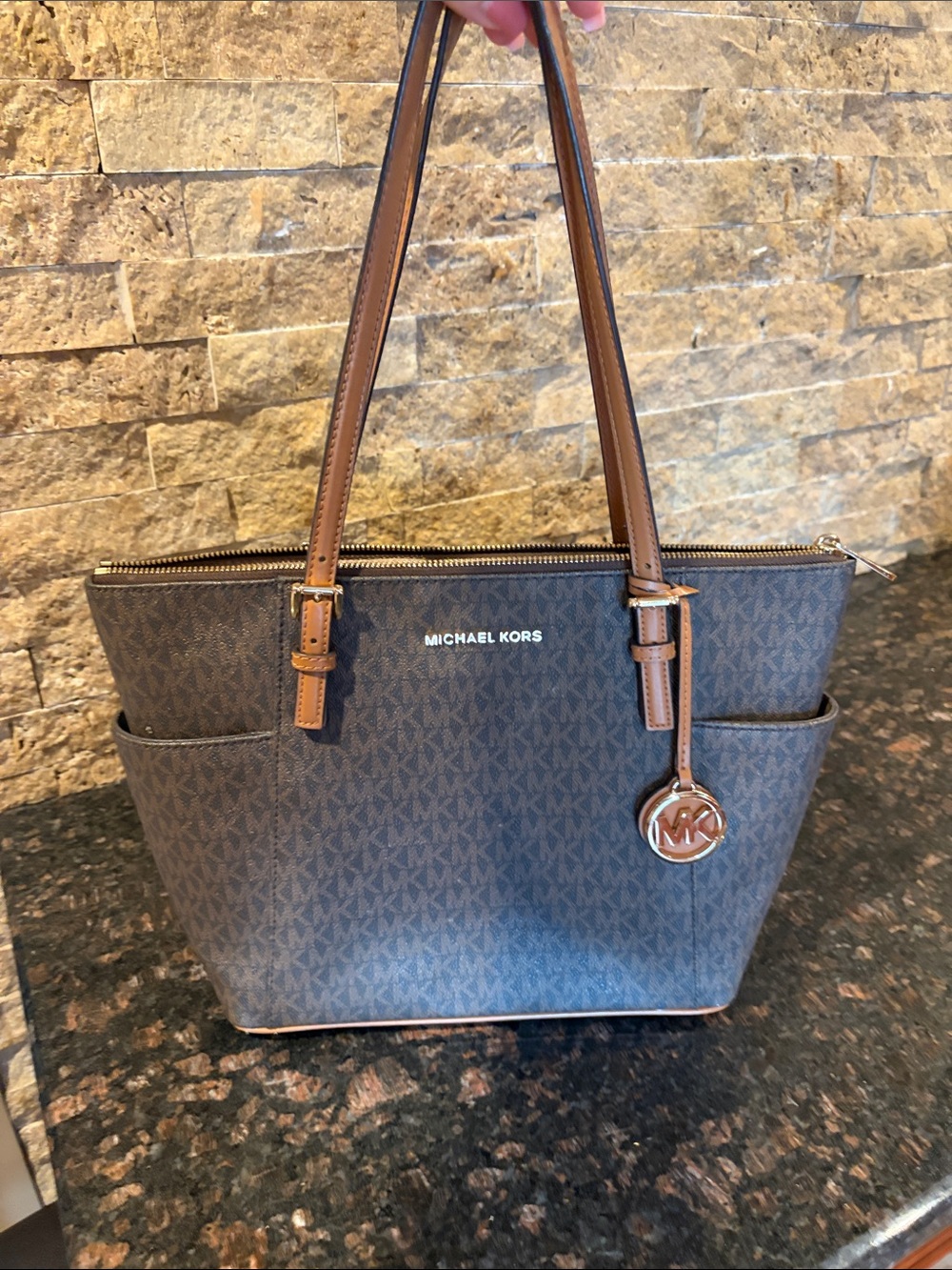 Michael Kors Brown Monogram Tote with Tan Leather Straps